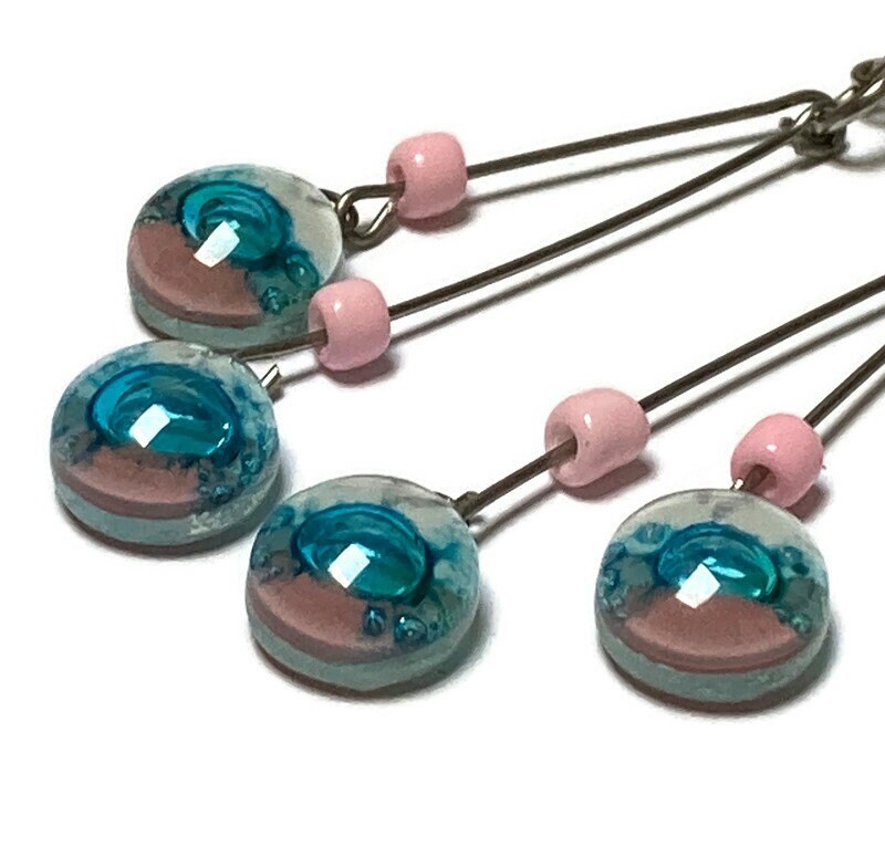 White, pink and turquoise Long multiple bead earrings