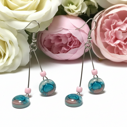 White, pink and turquoise Long multiple bead earrings