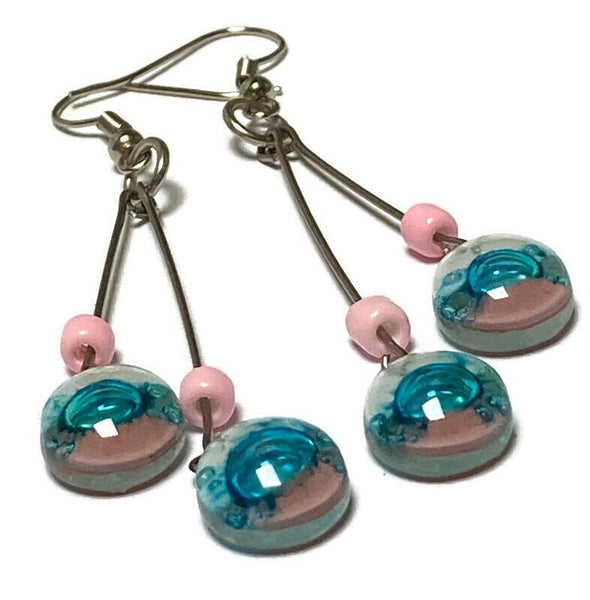 White, pink and turquoise Long multiple bead earrings