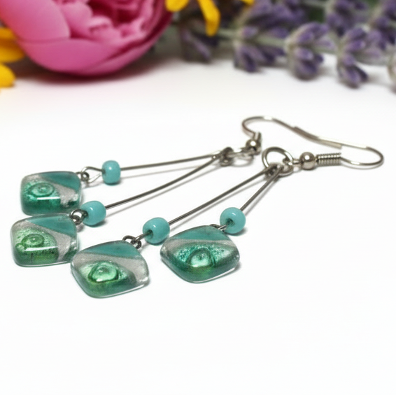 Teal, Pearl white and green Long multiple bead earrings