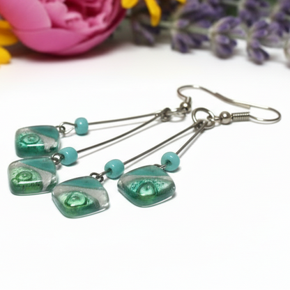 Teal, Pearl white and green Long multiple bead earrings