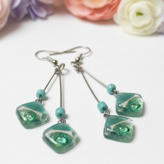 Teal, Pearl white and green Long multiple bead earrings
