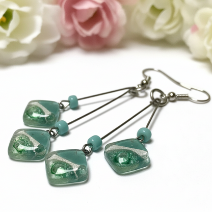 Teal, Pearl white and green Long multiple bead earrings