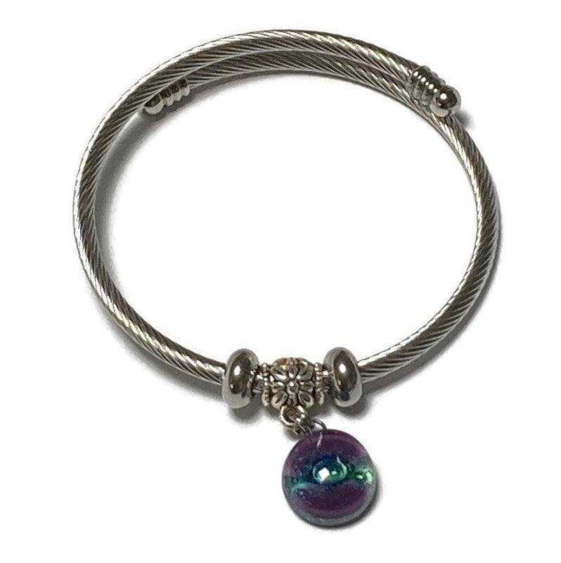 Purple and green Stainless Steel Bracelet Glass Charm Bead. Easy to put on adjustable stretch memory wire. One size fits most