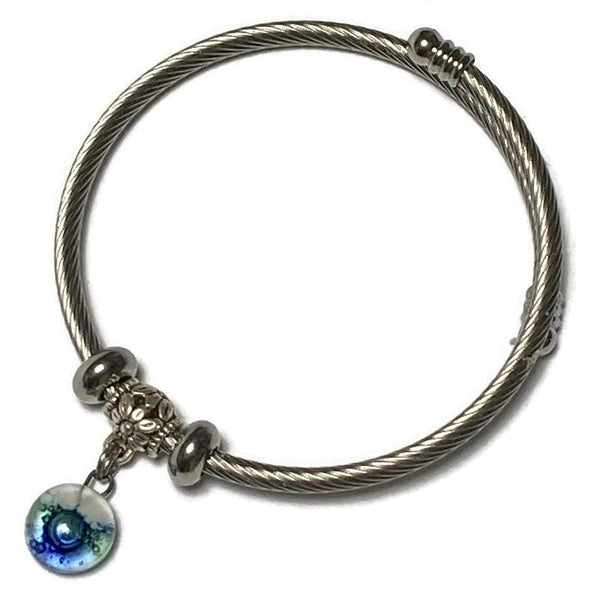 Dark Blue, Green and White Stainless Steel Bracelet Glass Charm Bead. Easy to put on adjustable stretch memory wire. One size fits most