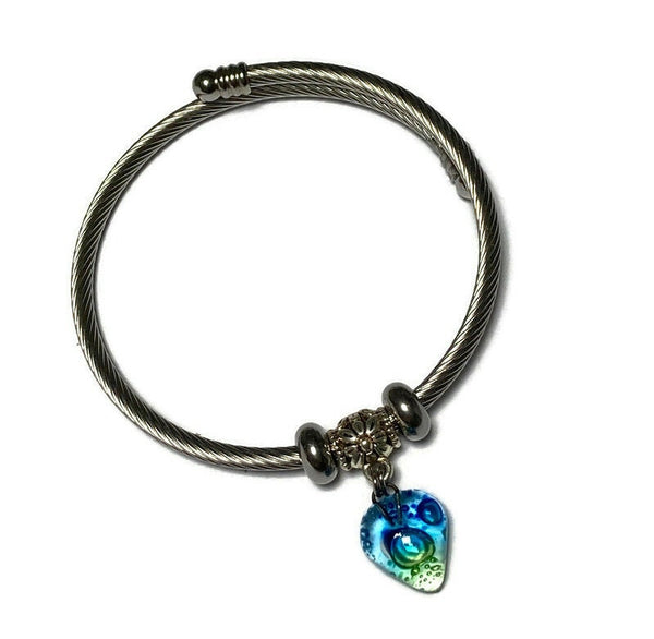 Green and Blue glass bead Stainless Steel Bracelet Glass Charm Bead. Easy to put on adjustable stretch memory wire. One size fits most