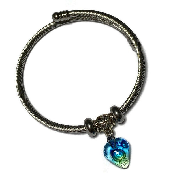 Green and Blue glass bead Stainless Steel Bracelet Glass Charm Bead. Easy to put on adjustable stretch memory wire. One size fits most