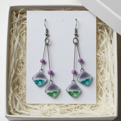 Long multiple bead Lilac, pearly white and green with bubbles earrings