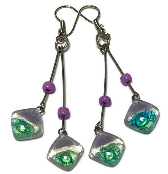 Long multiple bead Lilac, pearly white and green with bubbles earrings