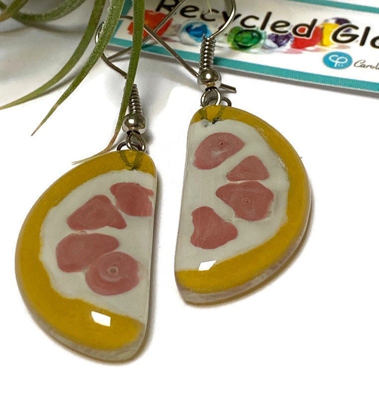 Grapefruit wedges Recycled Glass Drop Earrings. Purple Dangle earrings. Great gift. Fun eco friendly jewelry