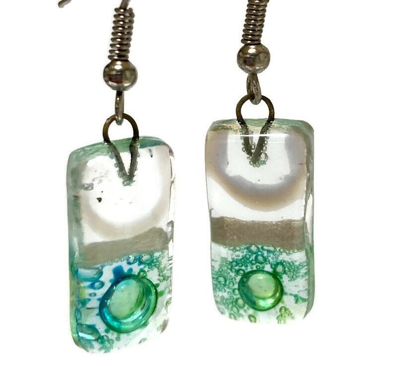 Clear and Green with pearly white details. Rectangle Dangle Earrings Recycled Glass. Fused drop Glass blue, brown and white drop earrings.