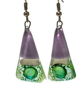 Long Triangle Drop drop Earrings. Green, Lilac and pearly white Recycled Fused Glass dangle earrings