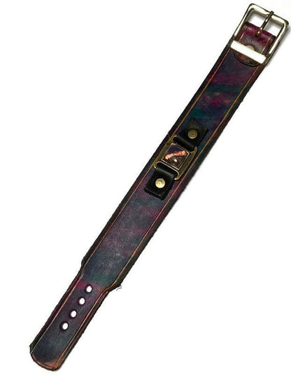 Handmade dyed color leather cuff. Recycled fused glass bracelet. Hand painted natural leather.