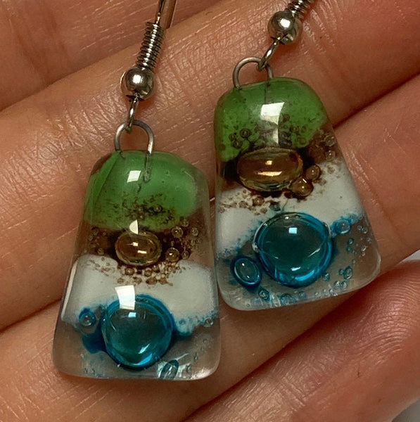 Green, Brown, white and Turquoise Recycled Fused Glass dangle Earring. Drop Earrings. Glass Art