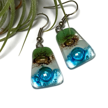 Green, Brown, white and Turquoise Recycled Fused Glass dangle Earring. Drop Earrings. Glass Art