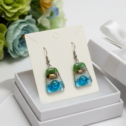 Green, Brown, white and Turquoise Recycled Fused Glass dangle Earring. Drop Earrings. Glass Art