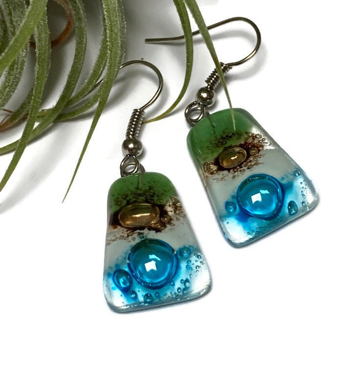 Green, Brown, white and Turquoise Recycled Fused Glass dangle Earring. Drop Earrings. Glass Art