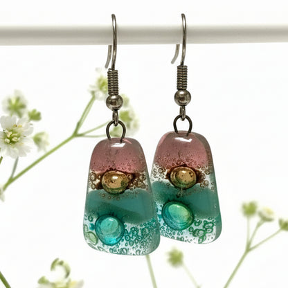 Pink, sea foam green , green and brown Drop Earrings. Glass Art Recycled Fused Glass dangle Earring.