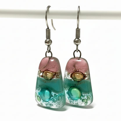 Pink, sea foam green , green and brown Drop Earrings. Glass Art Recycled Fused Glass dangle Earring.