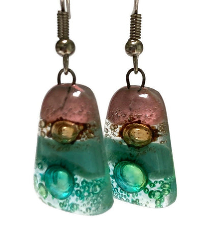 Pink, sea foam green , green and brown Drop Earrings. Glass Art Recycled Fused Glass dangle Earring.
