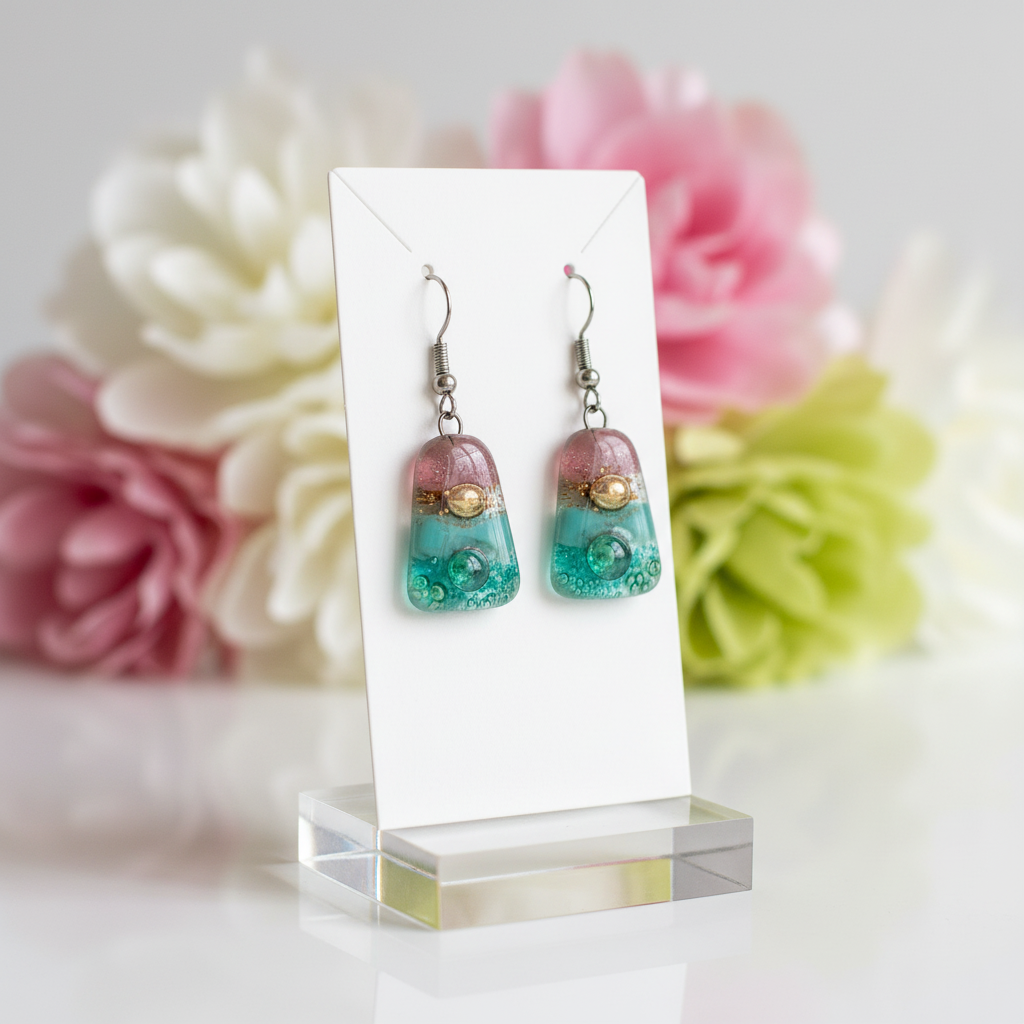 Pink, sea foam green , green and brown Drop Earrings. Glass Art Recycled Fused Glass dangle Earring.