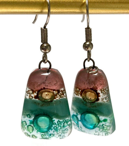 Pink, sea foam green , green and brown Drop Earrings. Glass Art Recycled Fused Glass dangle Earring.