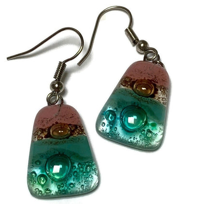Pink, sea foam green , green and brown Drop Earrings. Glass Art Recycled Fused Glass dangle Earring.