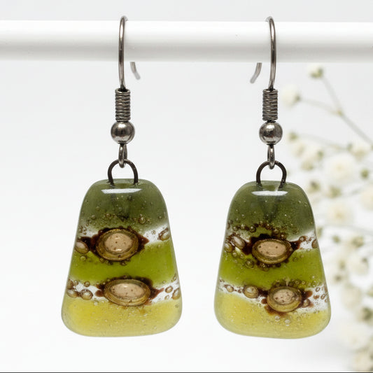 Shades of green Recycled  Fused Glass dangle Earring. Handmade drop, dangle earrings