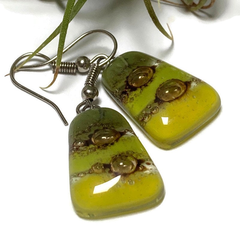 Shades of green Recycled  Fused Glass dangle Earring. Handmade drop, dangle earrings