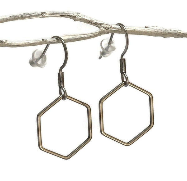 Hexagon dangle  Earrings, Geometric, Hollow, Hexagon, Drop, handmade Jewelry, Minimalist,