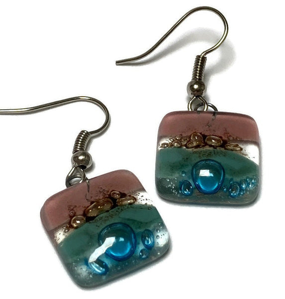 Pink, Turquoise, Brown and soft Teal and turquoise Square fused glass dangle earrings. Handmade recycled Glass beads. Drop Earrings