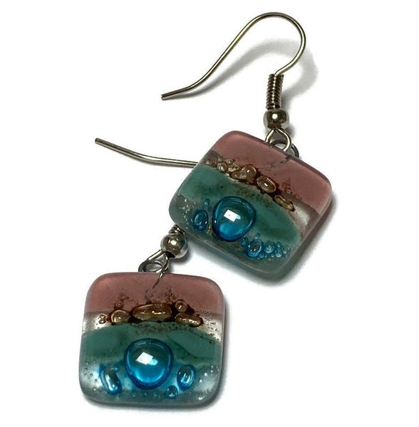 Pink, Turquoise, Brown and soft Teal and turquoise Square fused glass dangle earrings. Handmade recycled Glass beads. Drop Earrings