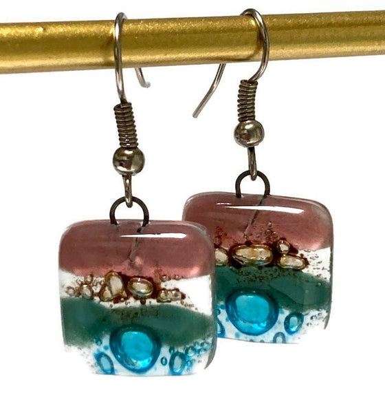 Pink, Turquoise, Brown and soft Teal and turquoise Square fused glass dangle earrings. Handmade recycled Glass beads. Drop Earrings