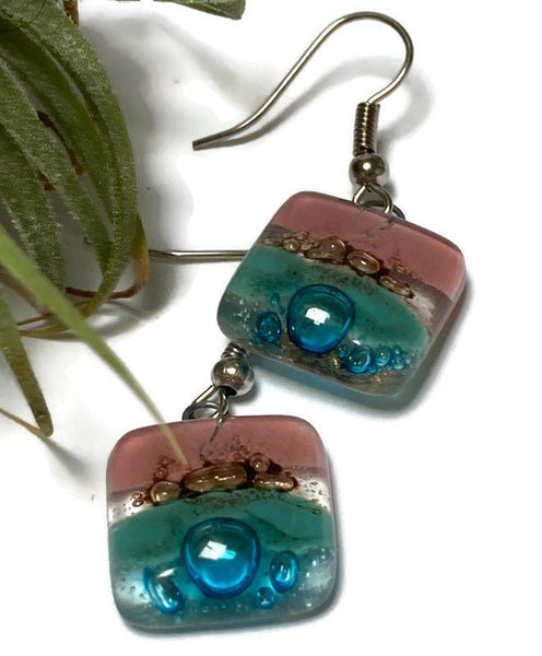 Pink, Turquoise, Brown and soft Teal and turquoise Square fused glass dangle earrings. Handmade recycled Glass beads. Drop Earrings