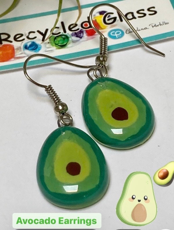 Green Avocado dangle Fused Glass Drop Earrings. Fun Everyday earrings. Handcrafted beads and charms.