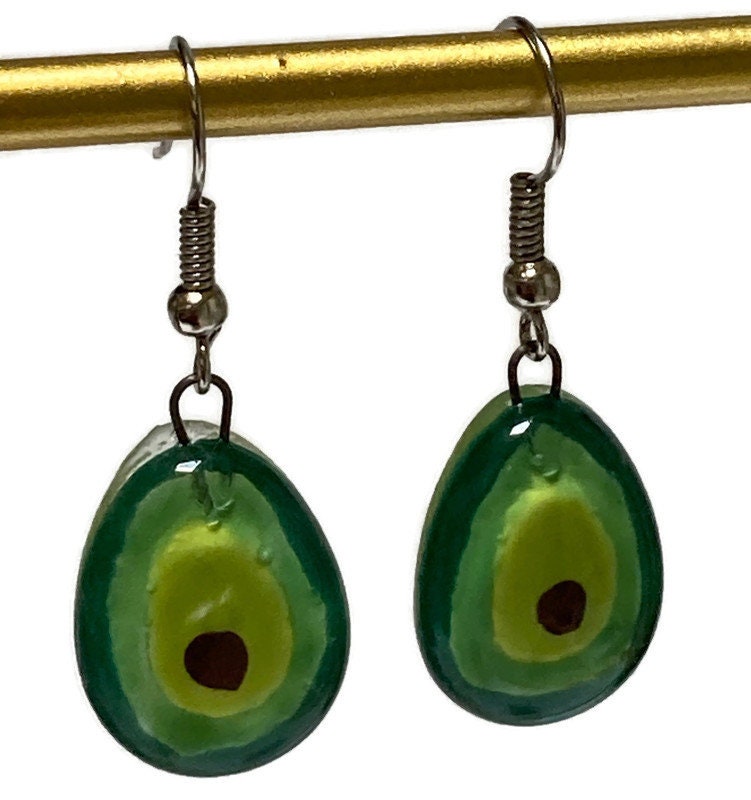 Green Avocado dangle Fused Glass Drop Earrings. Fun Everyday earrings. Handcrafted beads and charms.