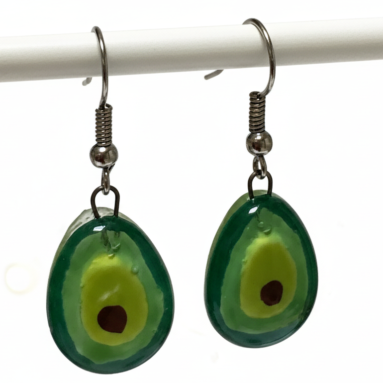 Green Avocado dangle Fused Glass Drop Earrings. Fun Everyday earrings. Handcrafted beads and charms.