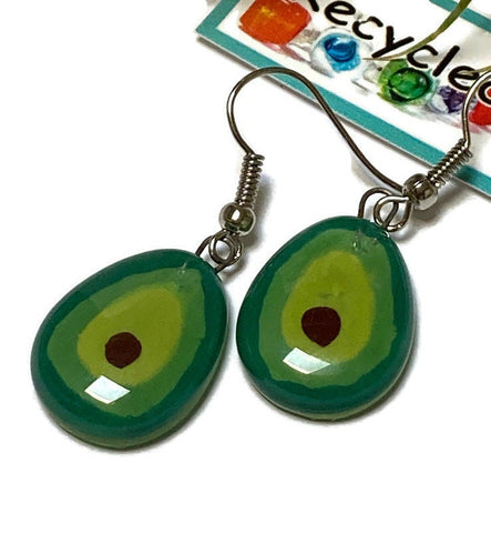 Green Avocado dangle Fused Glass Drop Earrings. Fun Everyday earrings. Handcrafted beads and charms.