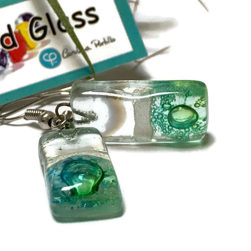 Clear and Green with pearly white details. Rectangle Dangle Earrings Recycled Glass. Fused drop Glass blue, brown and white drop earrings.