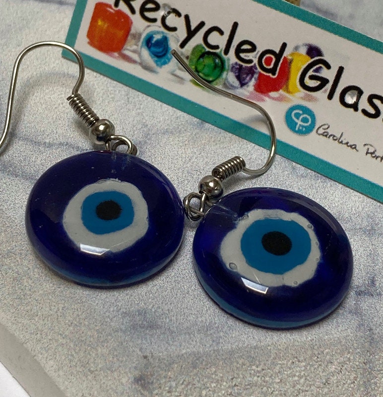 Evil Eye round dangle Fused Glass Drop Earrings. Everyday earrings. Handcrafted beads and charms.