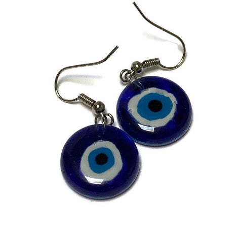 Evil Eye round dangle Fused Glass Drop Earrings. Everyday earrings. Handcrafted beads and charms.