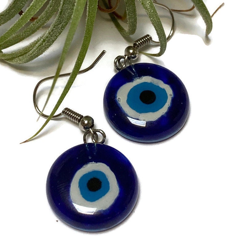 Evil Eye round dangle Fused Glass Drop Earrings. Everyday earrings. Handcrafted beads and charms.