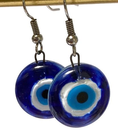 Evil Eye round dangle Fused Glass Drop Earrings. Everyday earrings. Handcrafted beads and charms.