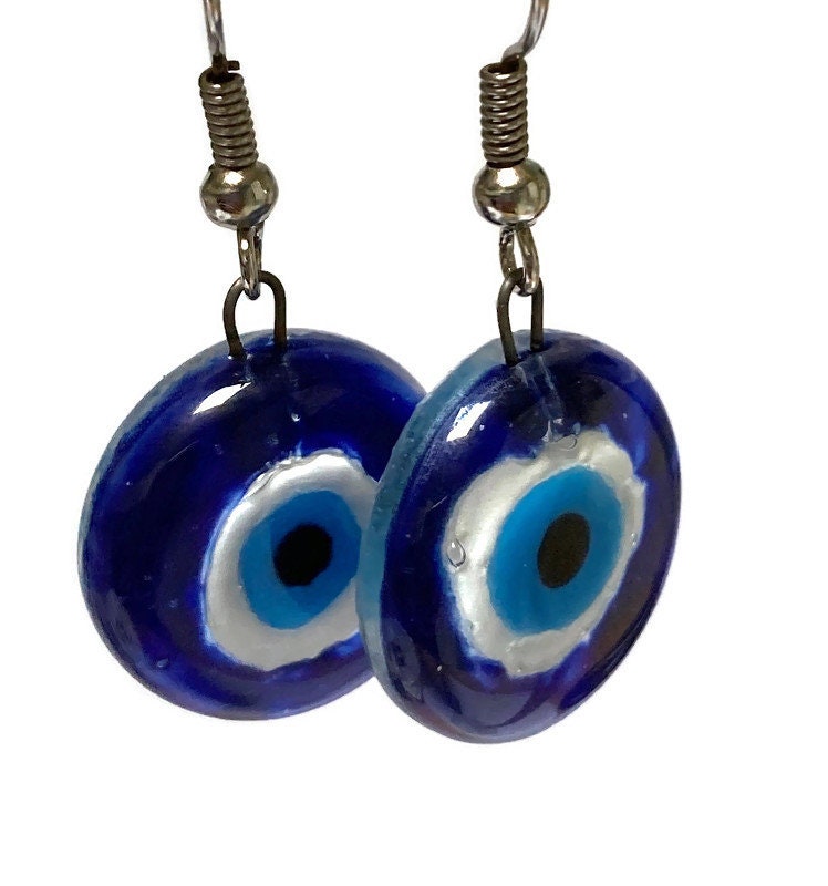 Evil Eye round dangle Fused Glass Drop Earrings. Everyday earrings. Handcrafted beads and charms.