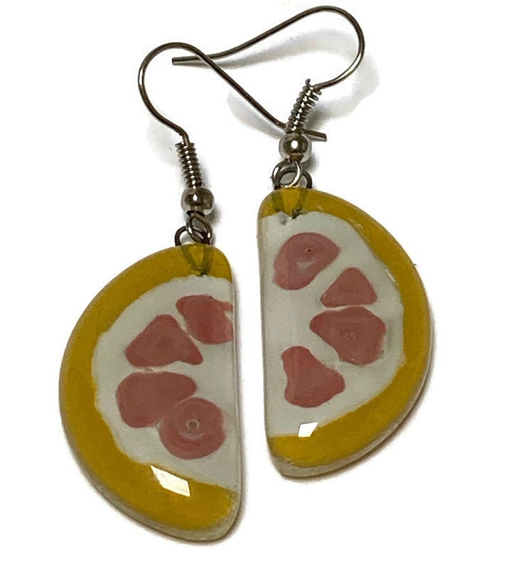 Grapefruit wedges Recycled Glass Drop Earrings. Purple Dangle earrings. Great gift. Fun eco friendly jewelry