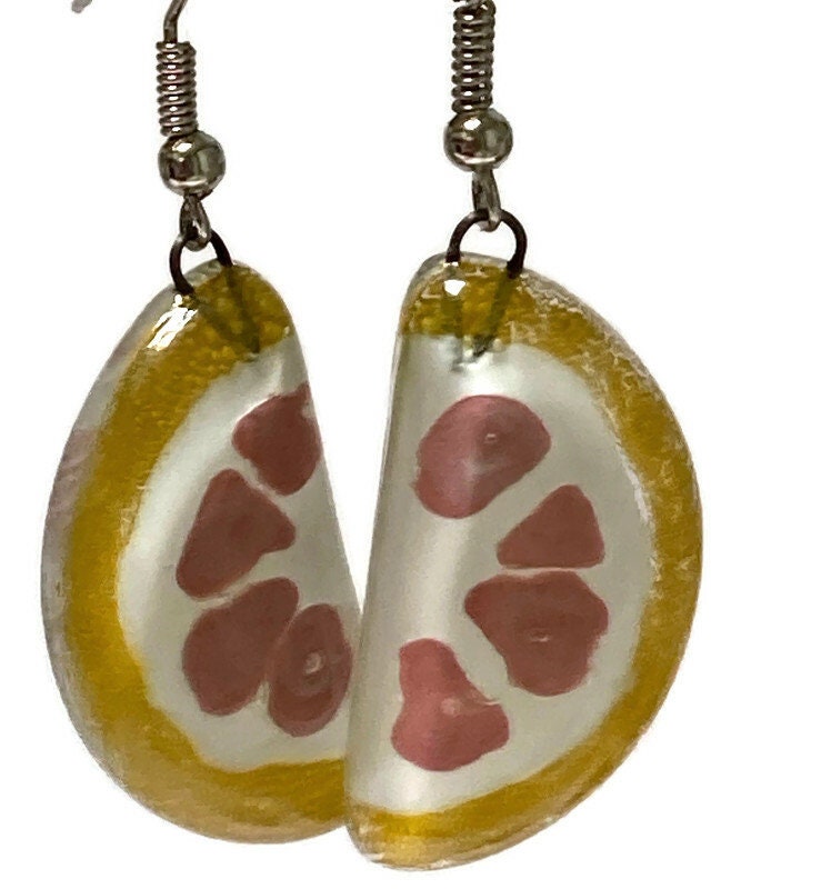 Grapefruit wedges Recycled Glass Drop Earrings. Purple Dangle earrings. Great gift. Fun eco friendly jewelry