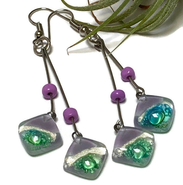 Long multiple bead Lilac, pearly white and green with bubbles earrings