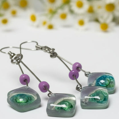 Long multiple bead Lilac, pearly white and green with bubbles earrings