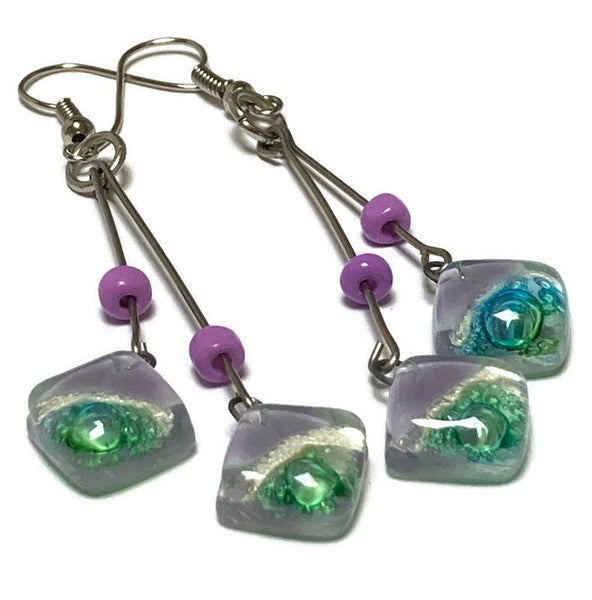 Long multiple bead Lilac, pearly white and green with bubbles earrings