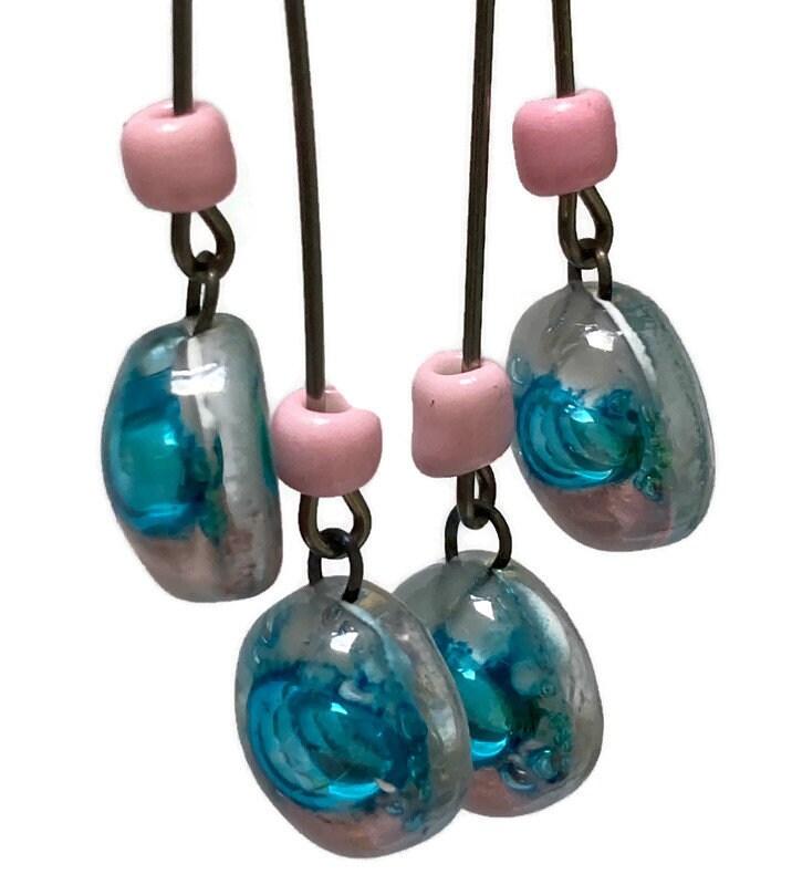 White, pink and turquoise Long multiple bead earrings